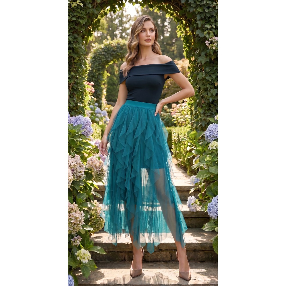 Sincerely Jules Tulle Midi Skirt Teal Blue Layered Ruffle High Low Women's Large